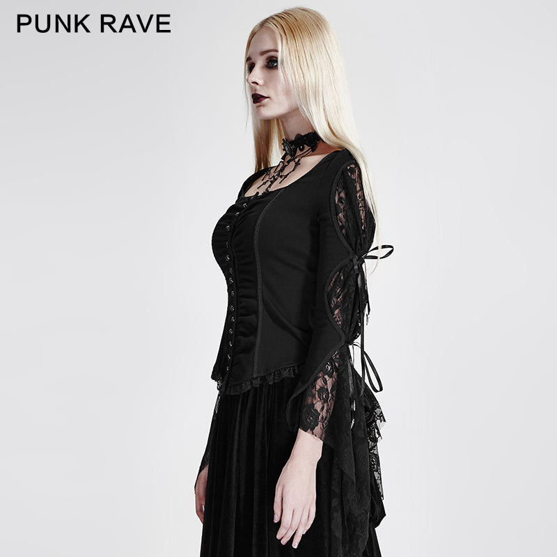 Y-683 black Long Wide Sleeves Gothic Shirt With Roses Lace Back