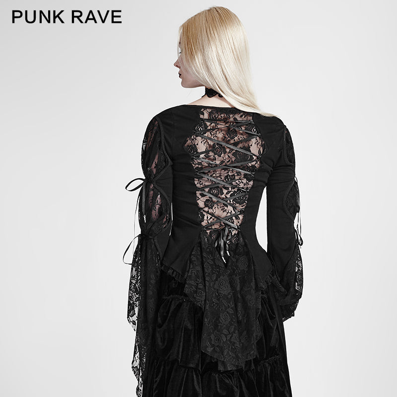 Y-683 black Long Wide Sleeves Gothic Shirt With Roses Lace Back