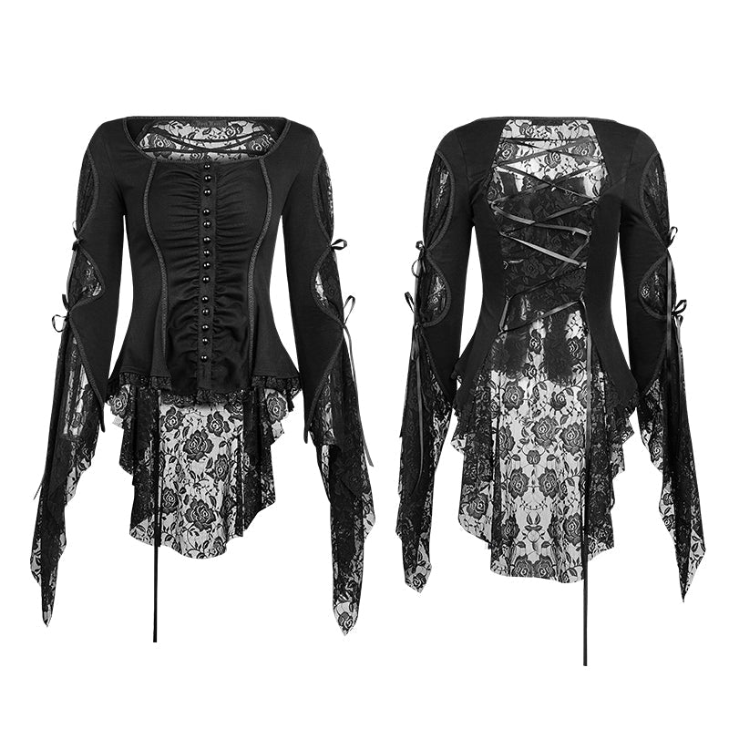 Y-683 black Long Wide Sleeves Gothic Shirt With Roses Lace Back