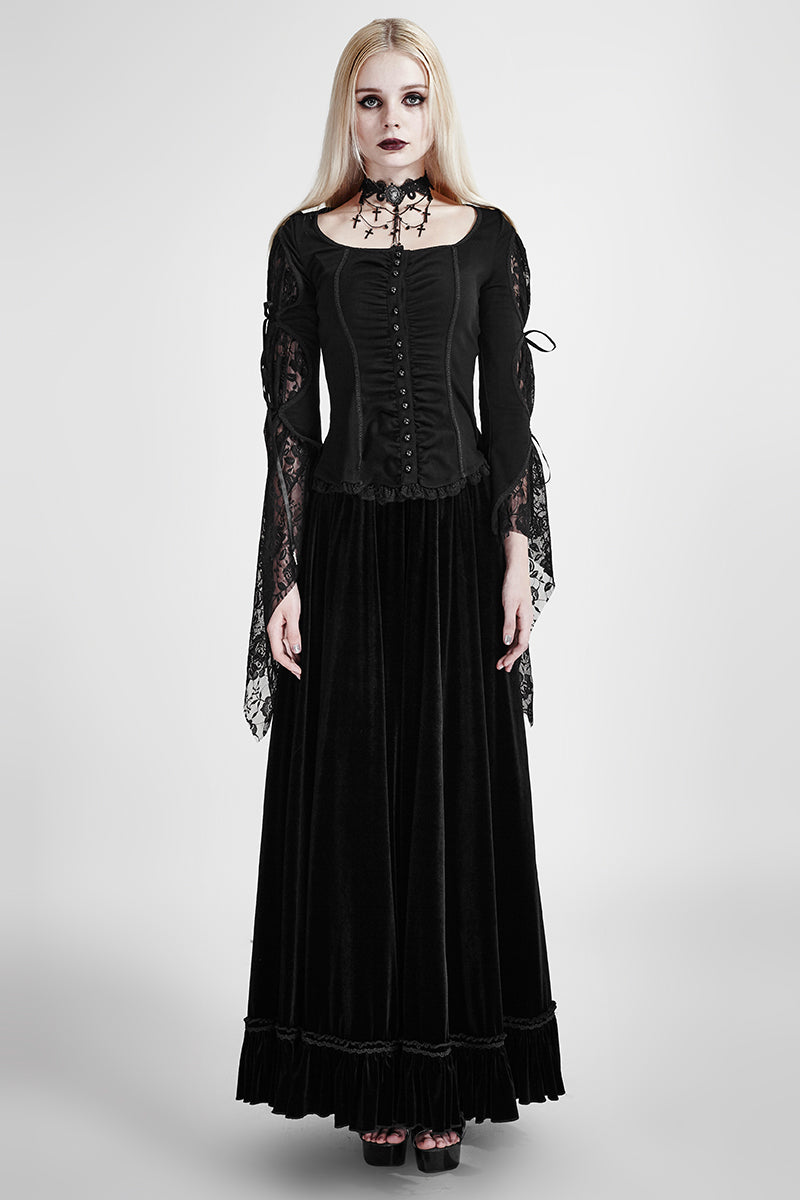 Y-683 black Long Wide Sleeves Gothic Shirt With Roses Lace Back