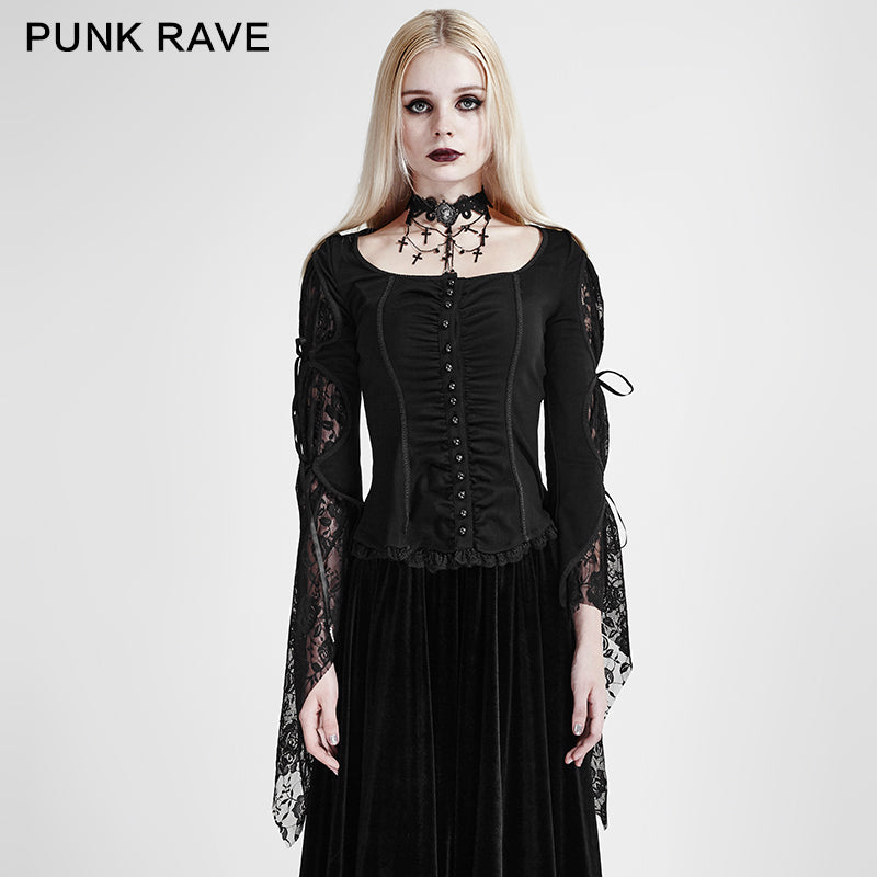 Y-683 black Long Wide Sleeves Gothic Shirt With Roses Lace Back