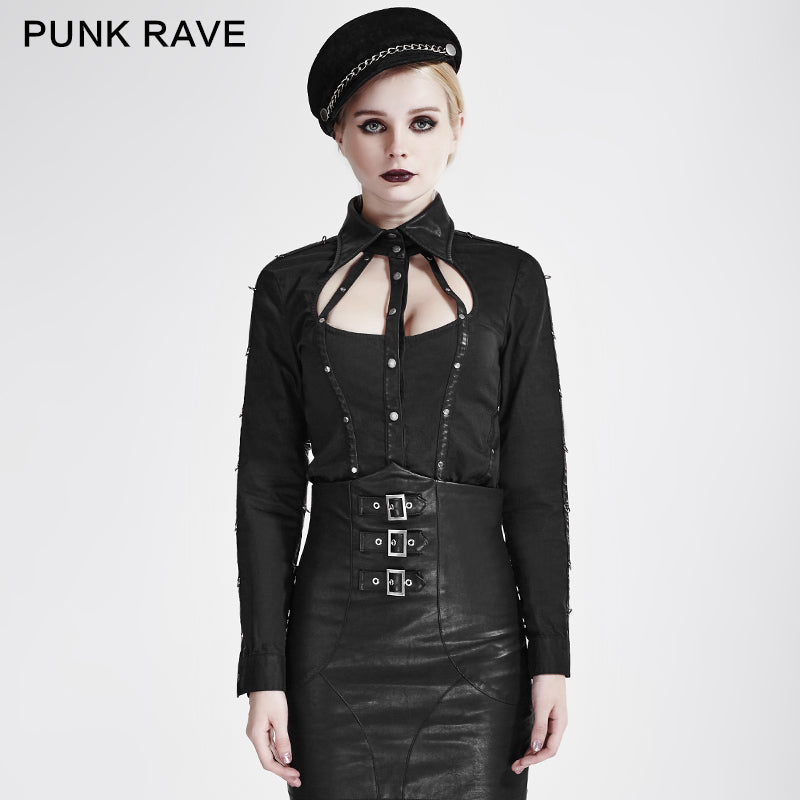 Y-691 black Stripes Long Sleeve Punk Shirts With Cut-out Collar