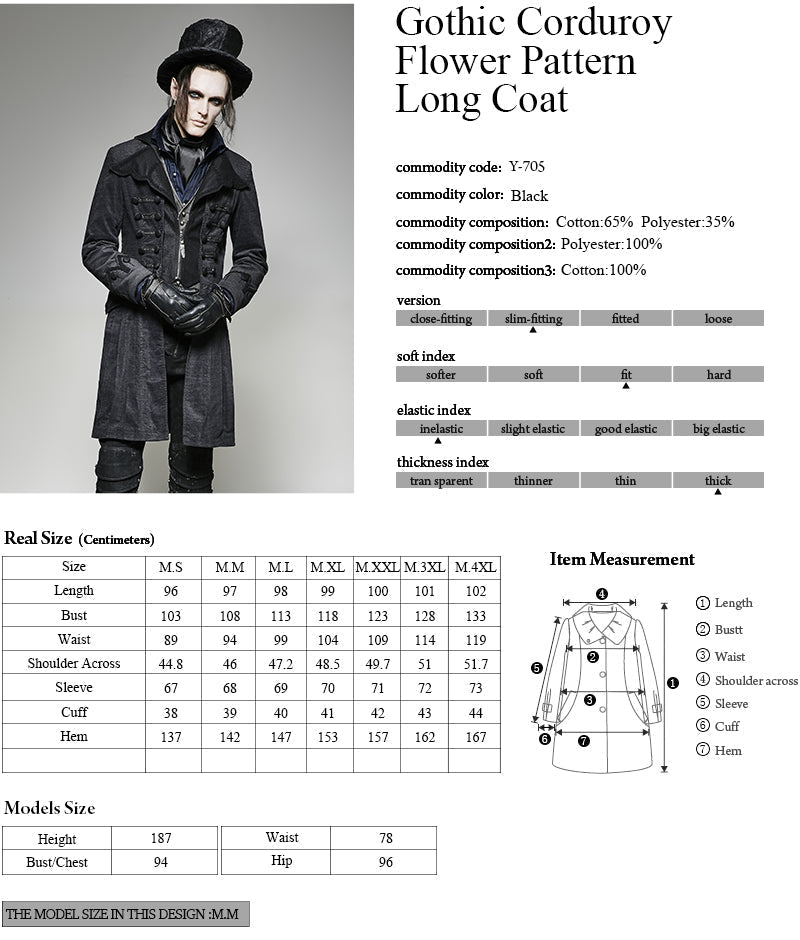 Y-705 Long Corduroy Twill Gothic Trench Coats With Flower Pattern