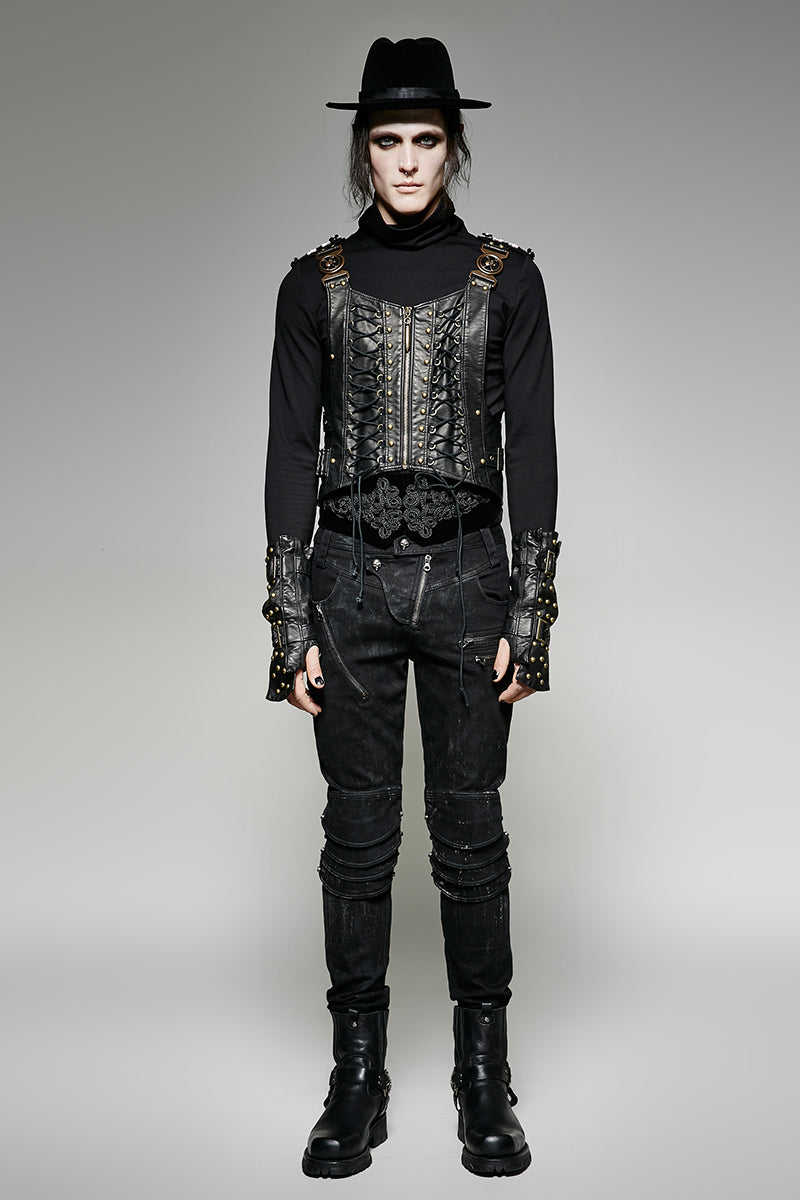 Y-725 Military Leather Punk Vest With black Interlocks