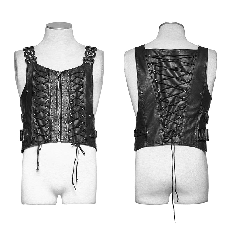 Y-725 Military Leather Punk Vest With black Interlocks