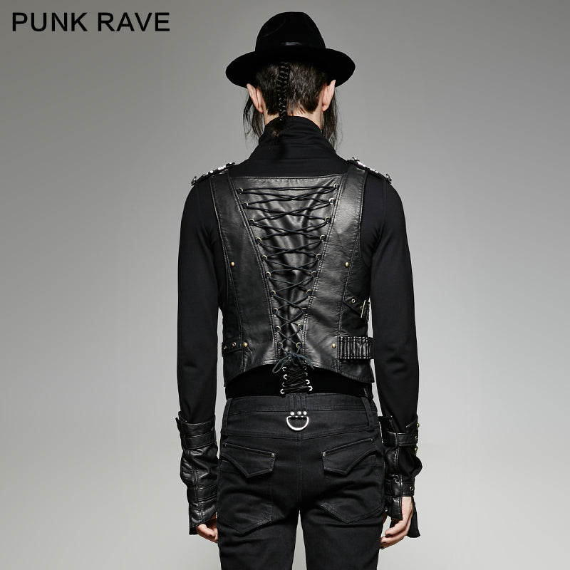 Y-725 Military Leather Punk Vest With black Interlocks