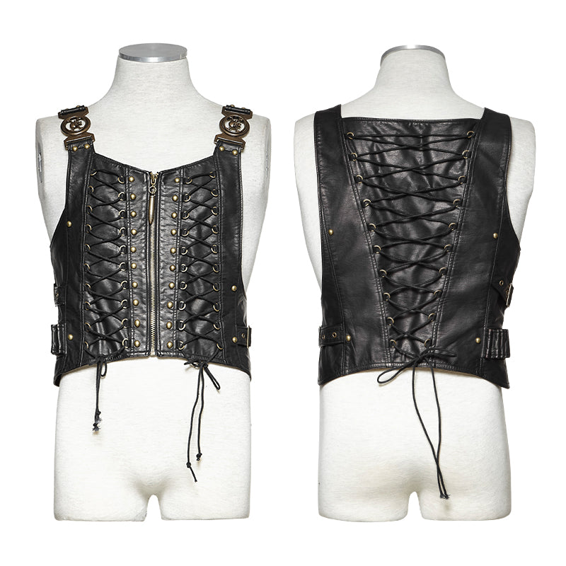 Y-725 Military Leather Punk Vest With black Interlocks