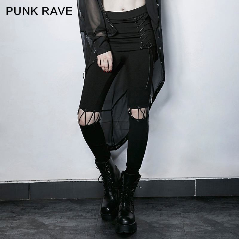 PK-101 black Fake Two Pieces Lace-up Wild Punk Pants