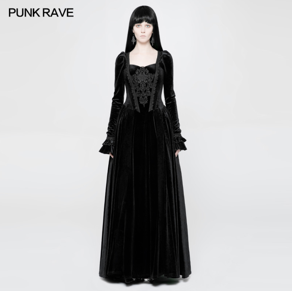 WQ-360 Victorian Stretch Dark Embossing Solid Color Velvet Gothic Dress