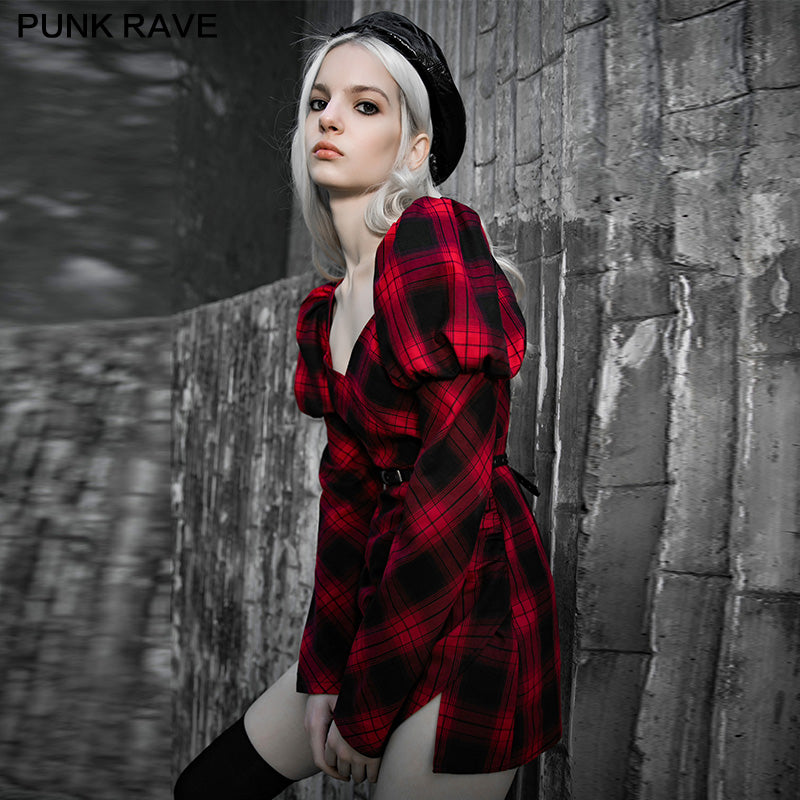 OPQ-735LQF Red and black plaid with princess sleeves dress