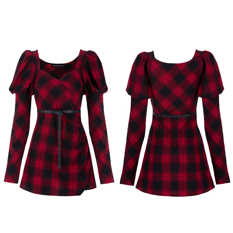 OPQ-735LQF Red and black plaid with princess sleeves dress