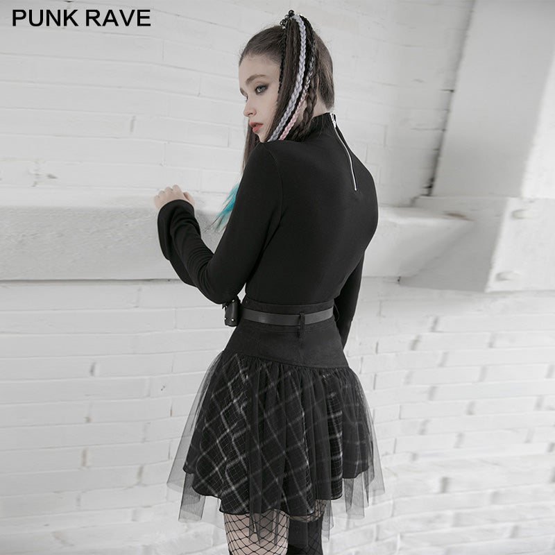 OPQ-892DQF PUNK series mesh stitched plaid high-waisted skirt