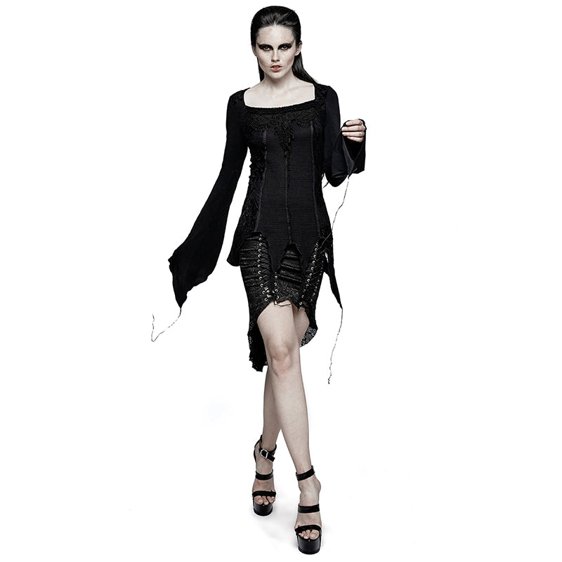 T-452 Asymmetric Hem Square Collar Feminine Gothic T-shirts