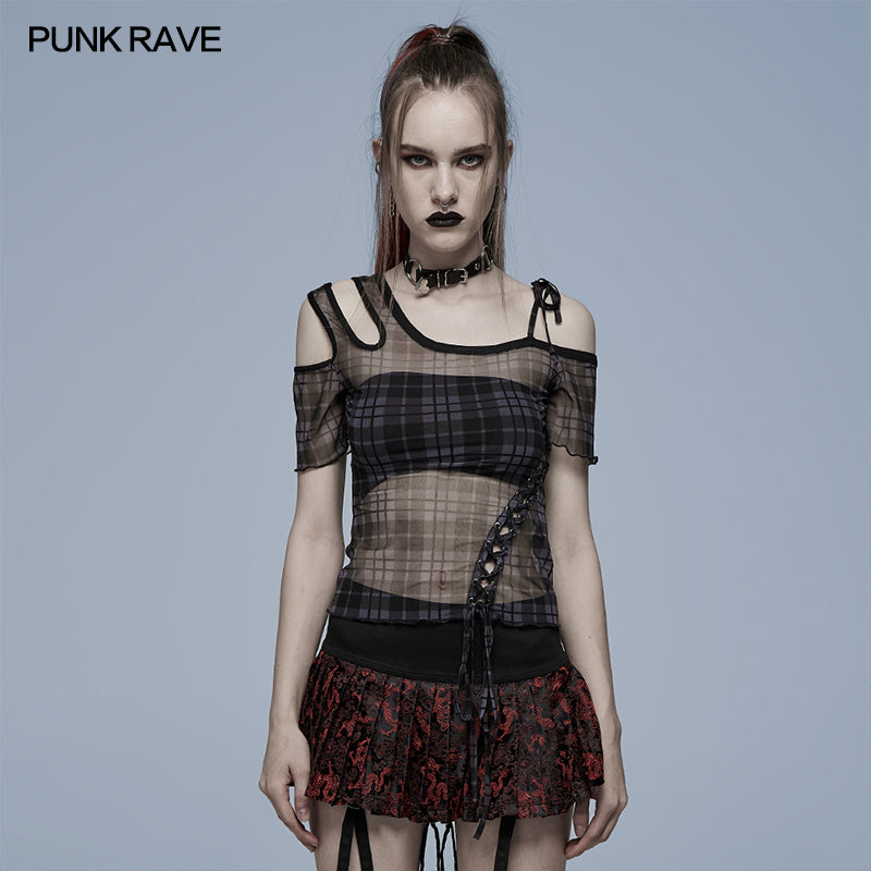 WT-701TCF Daily punk plaid mesh T-shirt