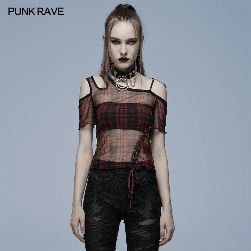 WT-701TCF Daily punk plaid mesh T-shirt