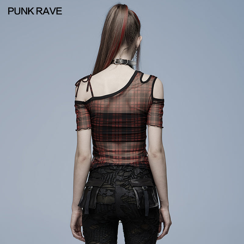 WT-701TCF Daily punk plaid mesh T-shirt