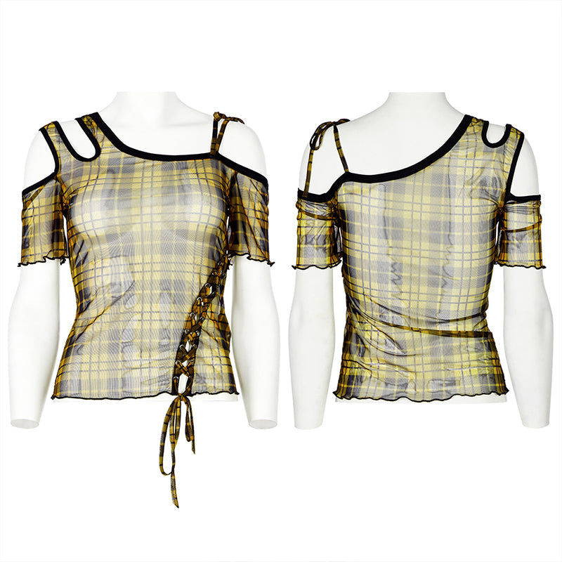 WT-701TCF Daily punk plaid mesh T-shirt