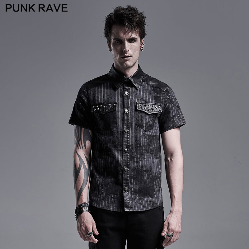 WY-1292CDM Punk abstract striped printed short sleeve shirt