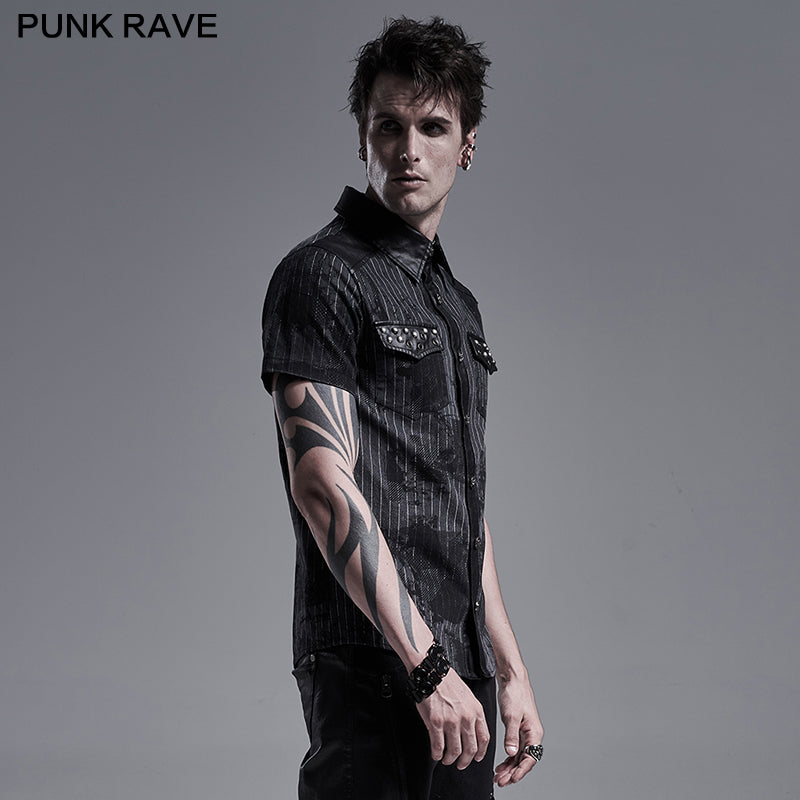 WY-1292CDM Punk abstract striped printed short sleeve shirt